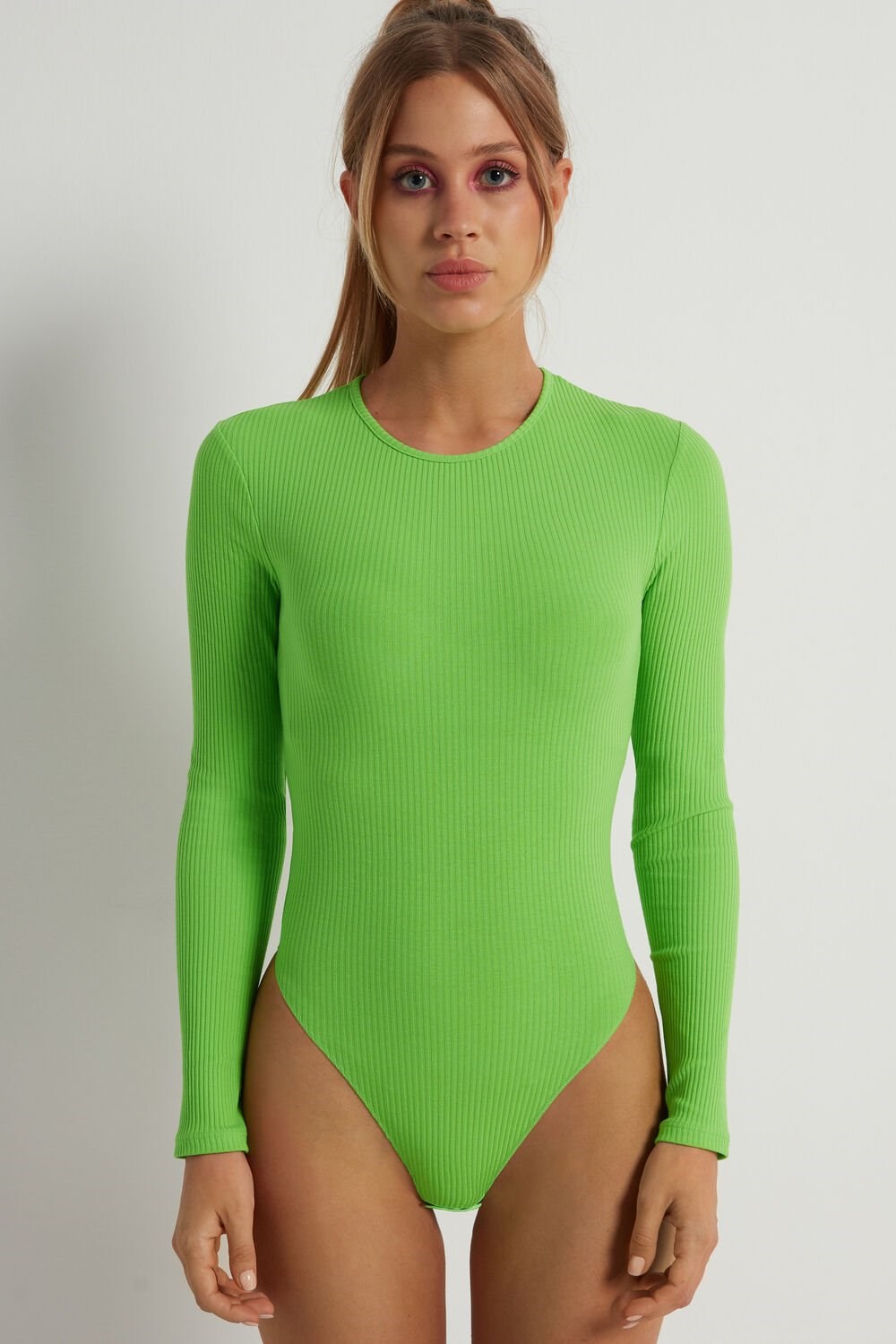 Tezenis Basic Rib Long-Sleeve High-Cut Bodysuit Zielone Zielone | 3782-WOPFM