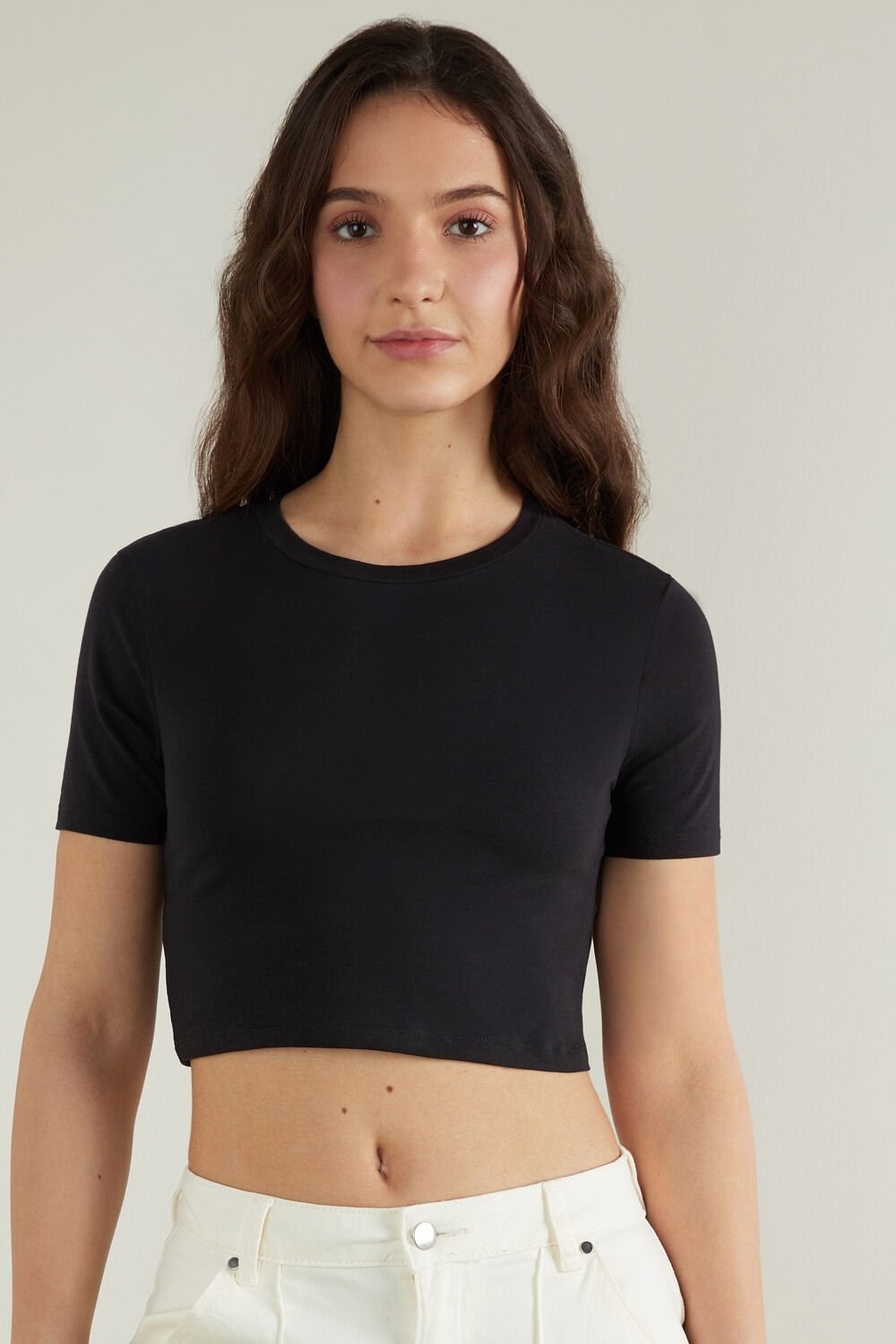 Tezenis Bawełniane Cropped Crew-Neck T-Shirt Czarne Czarne | 0194-OYDWE