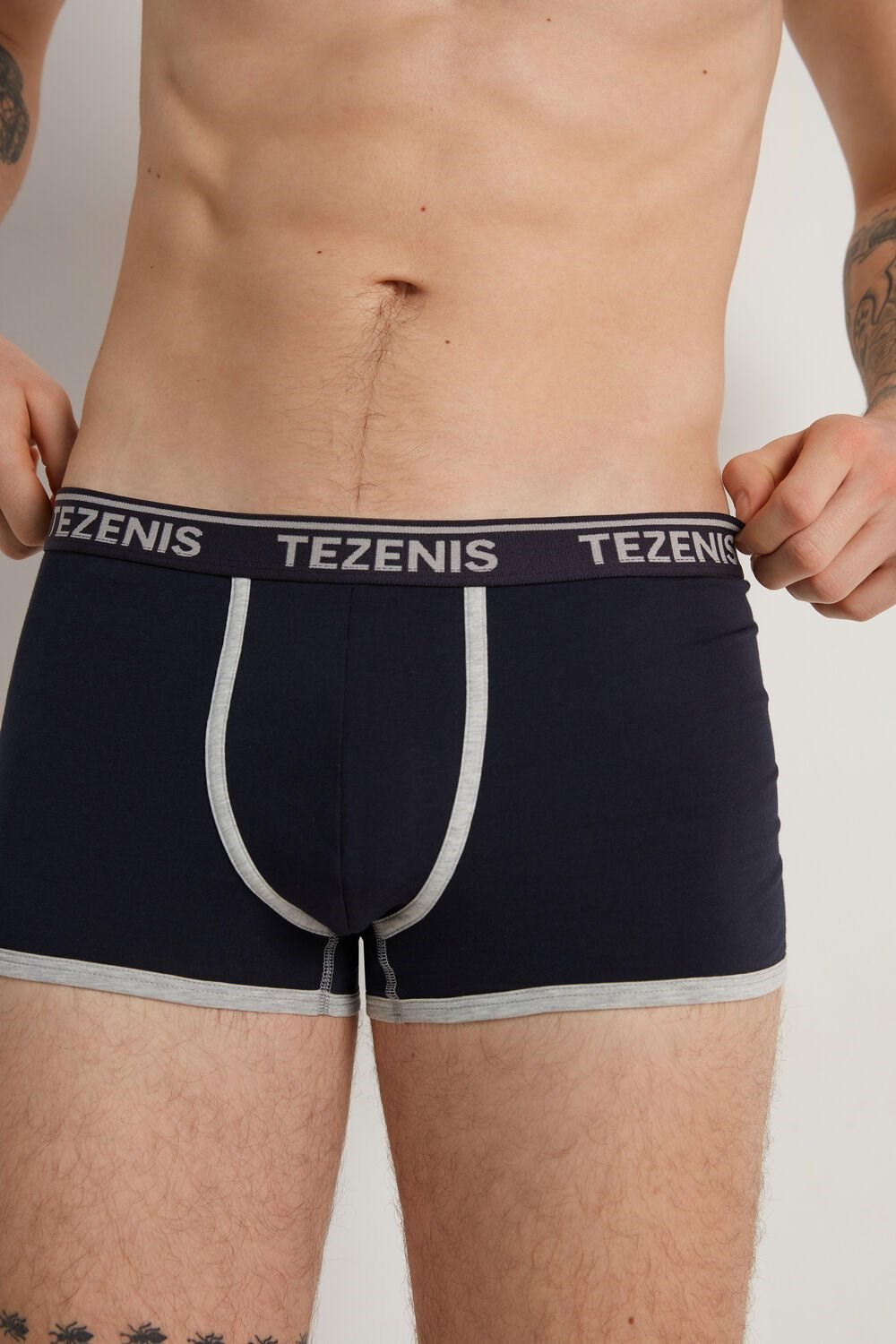 Tezenis Bawełniane Logo Bokser Briefs with Contrasting Edging Niebieskie Ciemny | 1320-NXUAJ