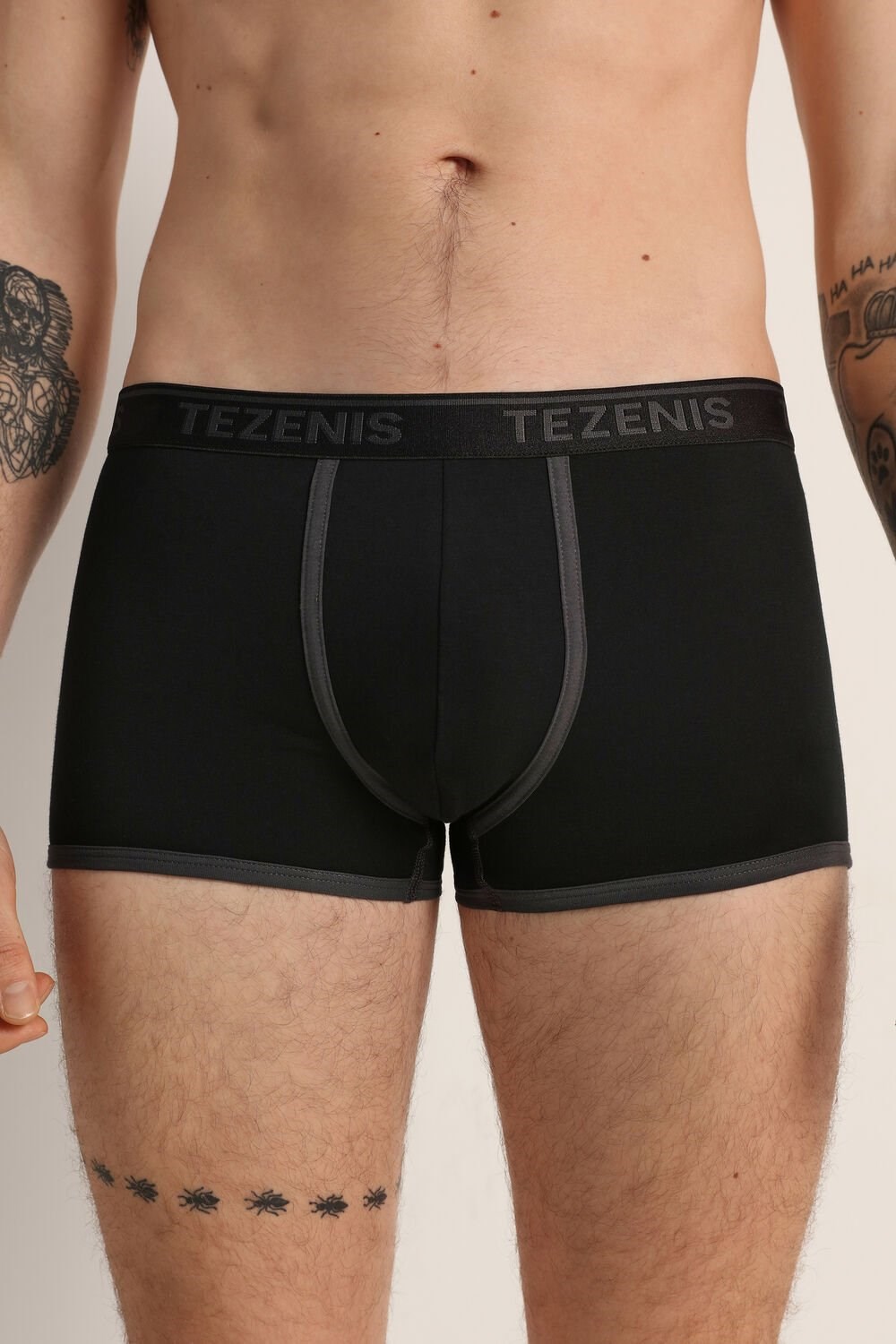 Tezenis Bawełniane Logo Bokser Briefs with Contrasting Edging Czarne | 9786-LNPQW