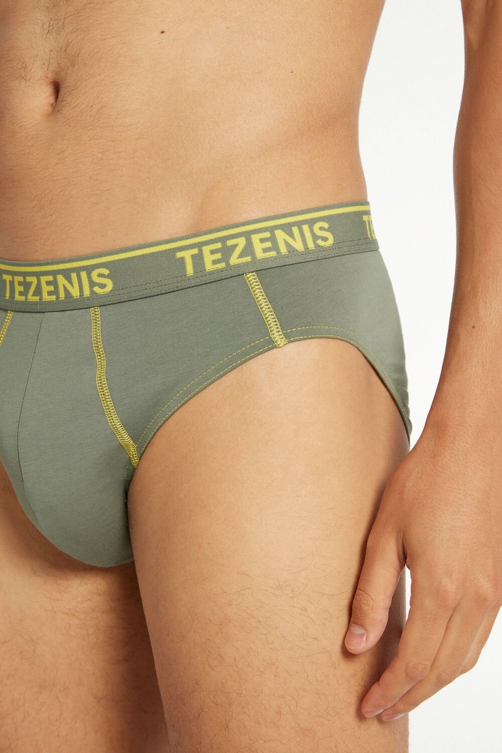 Tezenis Bawełniane Logo Briefs with Contrasting Trim Zielone Żółte | 4057-OCTNK