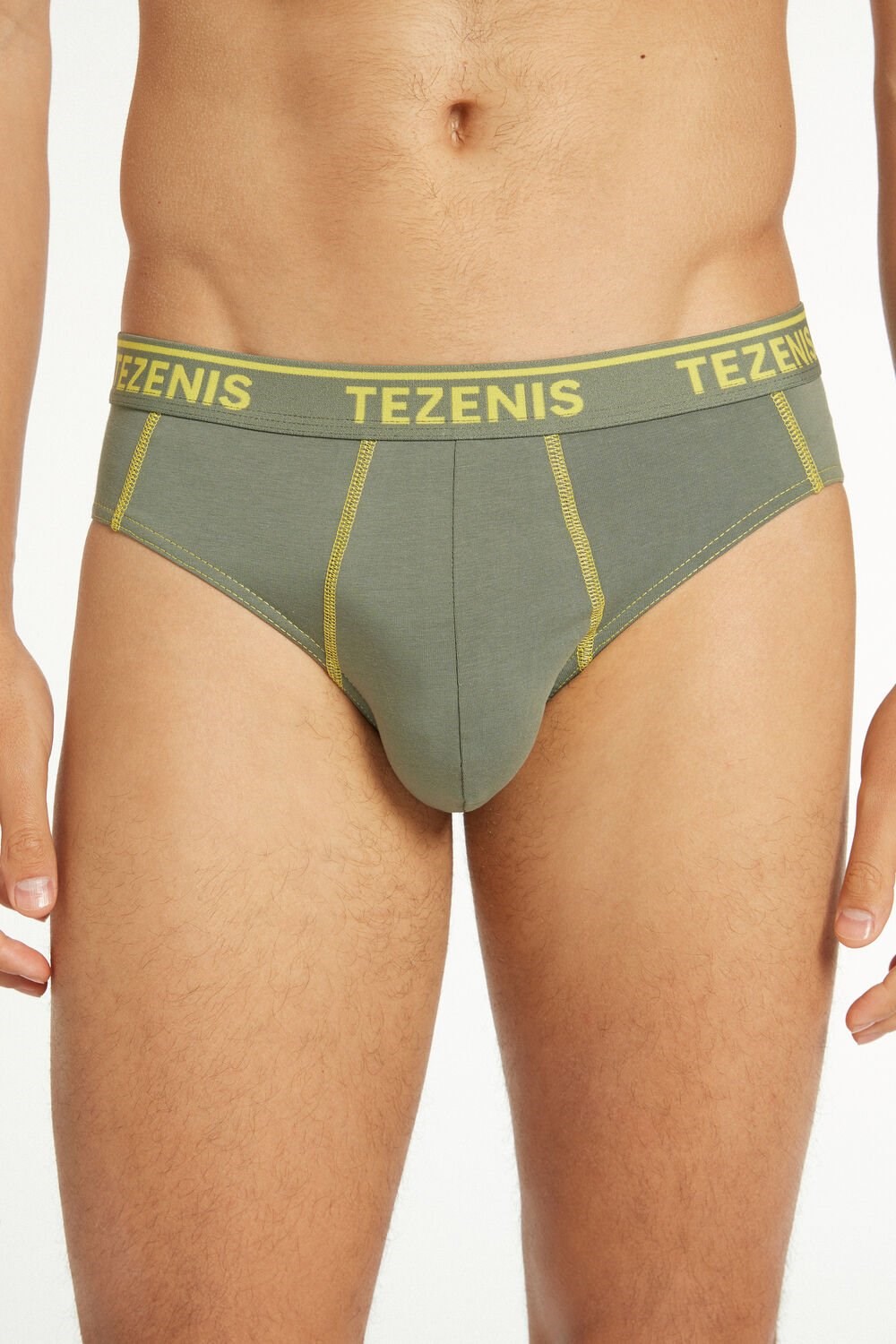 Tezenis Bawełniane Logo Briefs with Contrasting Trim Zielone Żółte | 4057-OCTNK