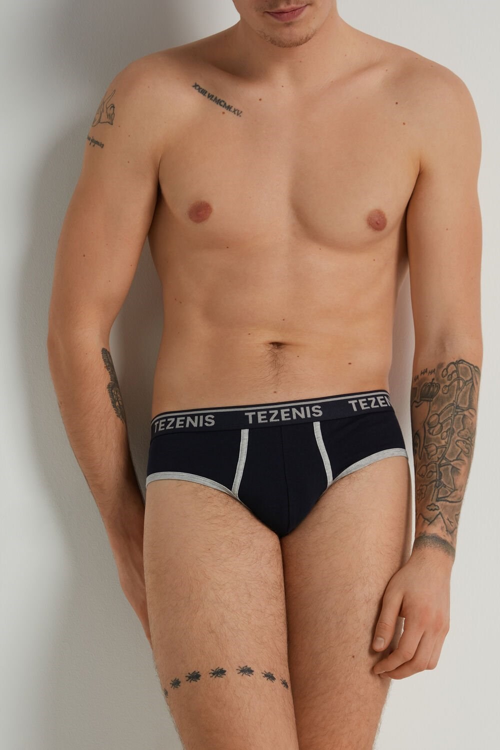 Tezenis Bawełniane Logo Briefs with Contrasting Edging Niebieskie Ciemny | 7820-WVZGJ