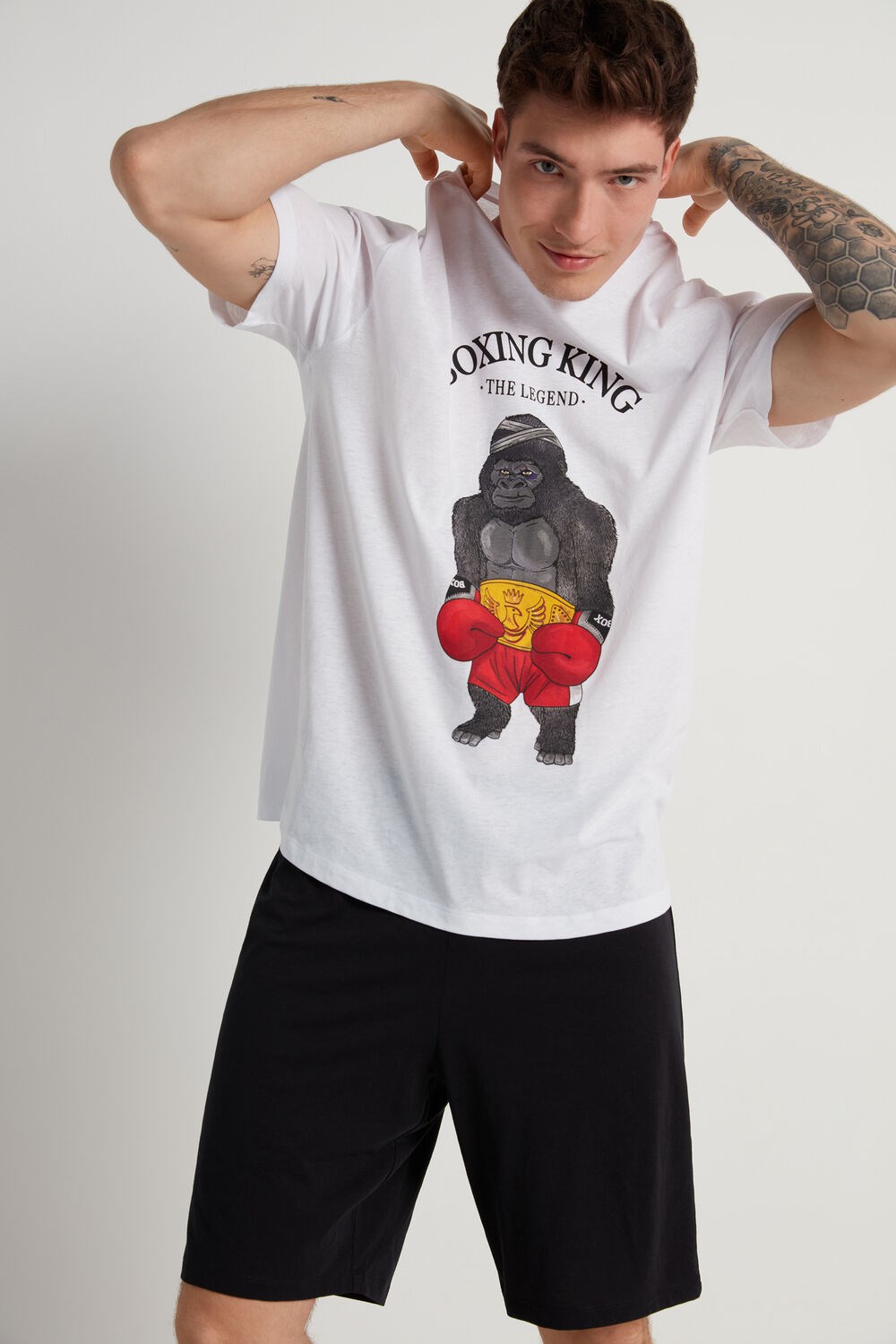 Tezenis Boxing King Print Krótkie Bawełniane Pajamas Czarne Białe | 2074-RCZAX