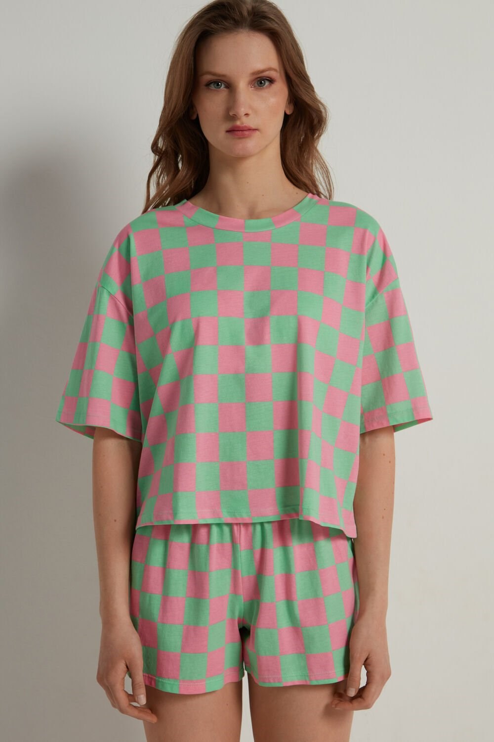 Tezenis Checkerboard Print Krótkie Bawełniane Pajamas Zielone Różowe | 1405-UWEJV