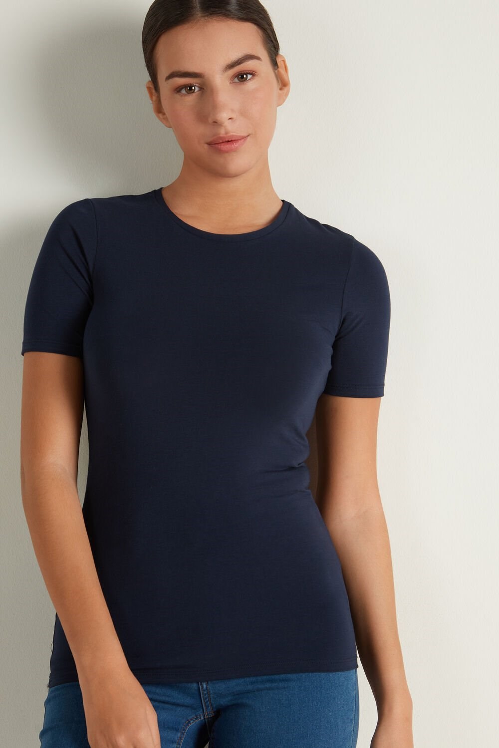 Tezenis Crew-Neck Stretch-Bawełniane T-Shirt Niebieskie Niebieskie | 9302-CNIMP