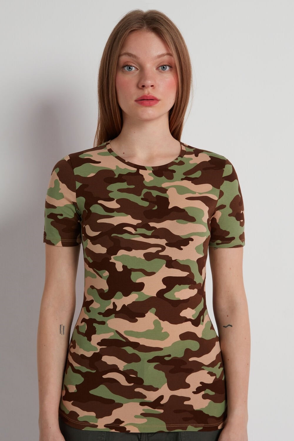 Tezenis Crewneck Printed Stretch Bawełniane T-Shirt Kolorowe Camo | 8451-JTMEK