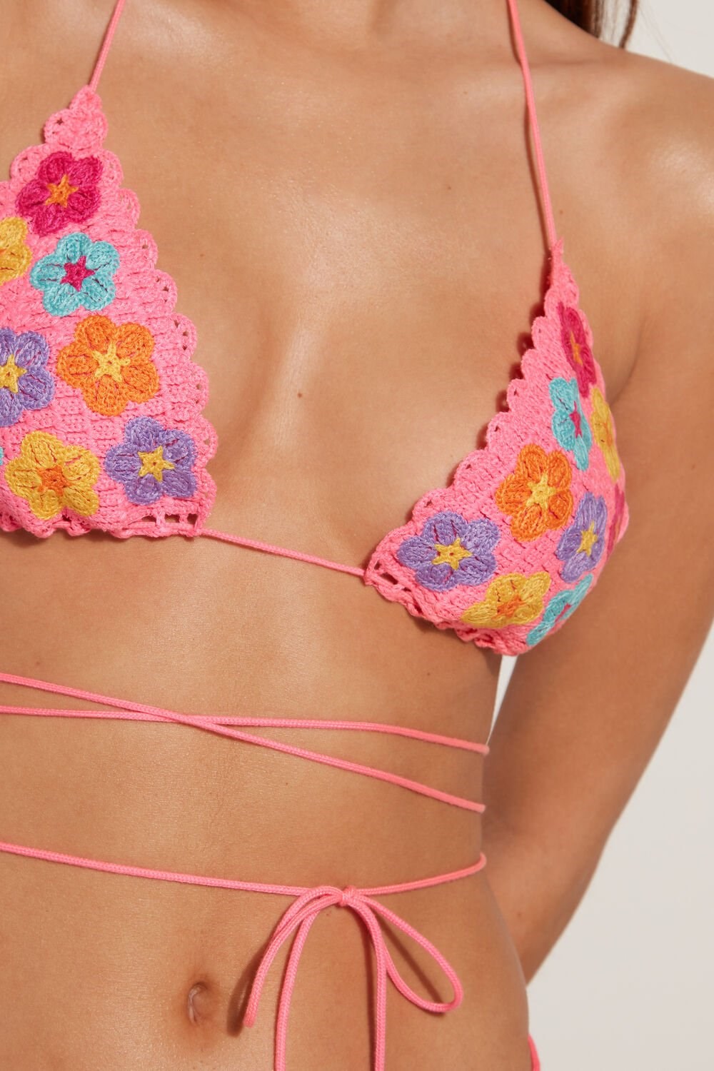 Tezenis Crochet Bouquet Triangle Bikini Top Różowe Fuksja | 6547-GBMIP