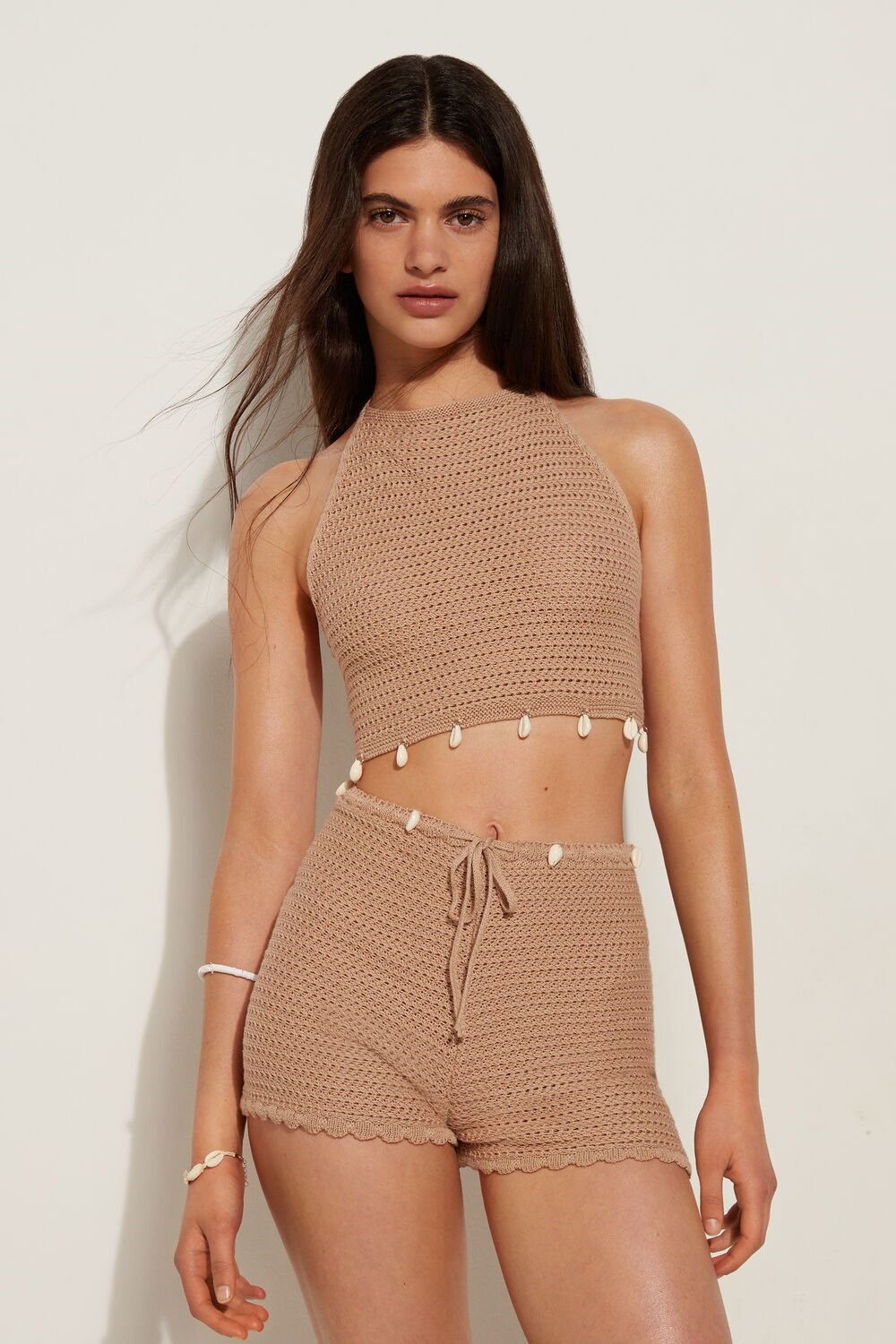 Tezenis Crocheted Cropped Tank Top with Shells Nude Nude Sand 557v | 6153-ATXFK