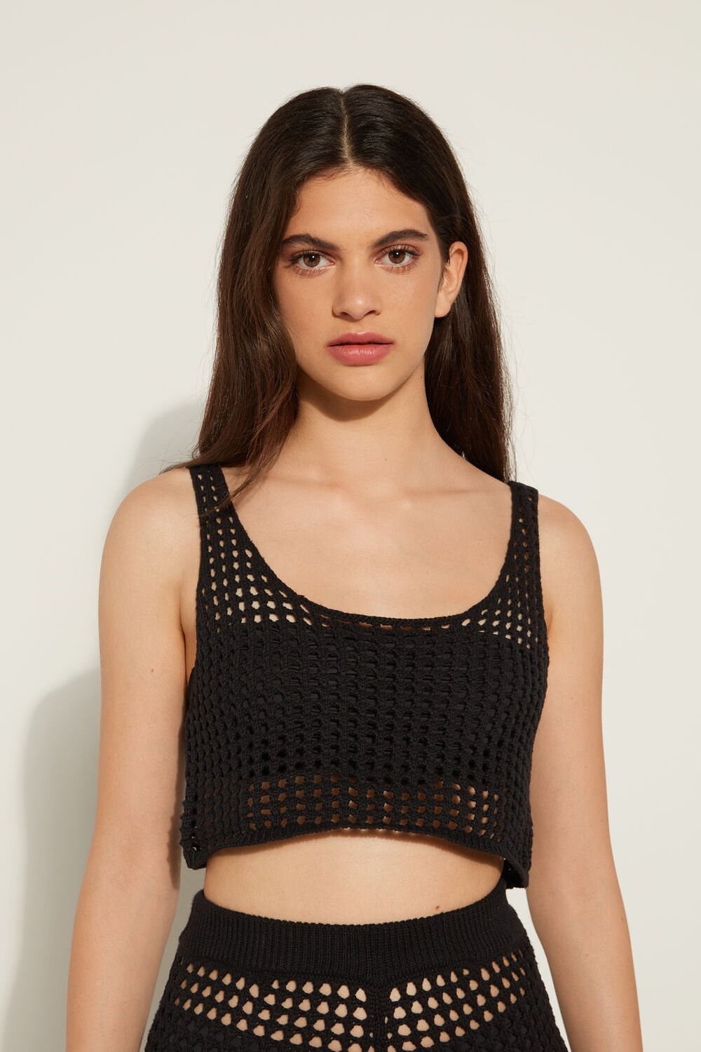 Tezenis Crop Top in Mesh Crochet Czarne Czarne | 0417-DVYRU