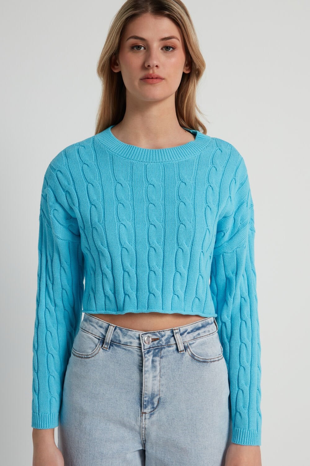 Tezenis Cropped Long-Sleeve Cable Knit Swetry in Fully-Fashioned Bawełniane Głęboka Niebieskie Niebieskie | 2760-VNUGY