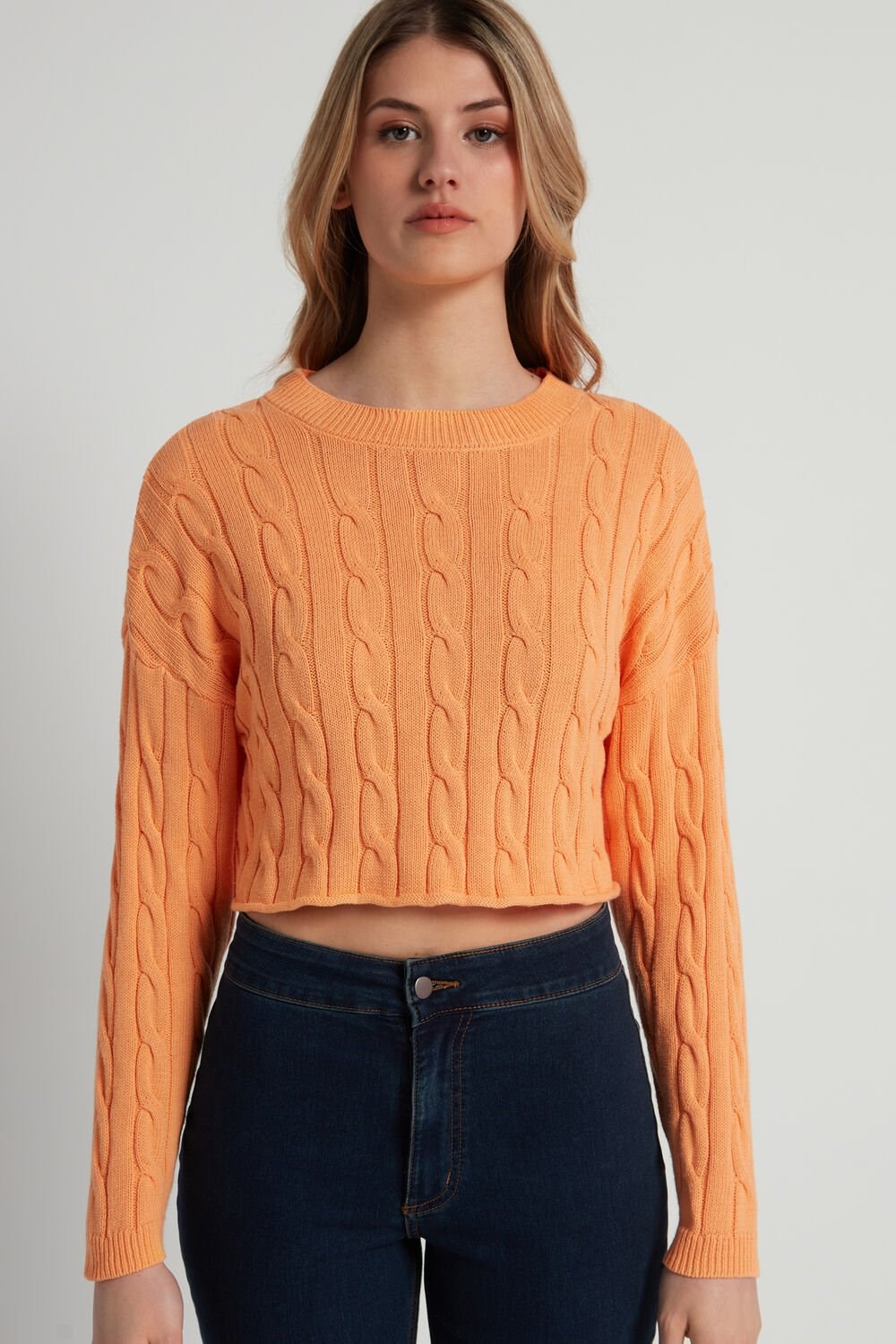 Tezenis Cropped Long-Sleeve Cable Knit Swetry in Fully-Fashioned Bawełniane Pomarańczowe Pomarańczowe | 3649-JHPSI