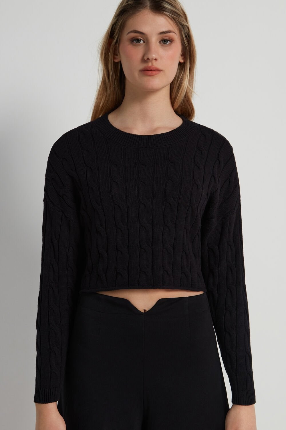 Tezenis Cropped Long-Sleeve Cable Knit Swetry in Fully-Fashioned Bawełniane Czarne Czarne | 7482-GKPRI