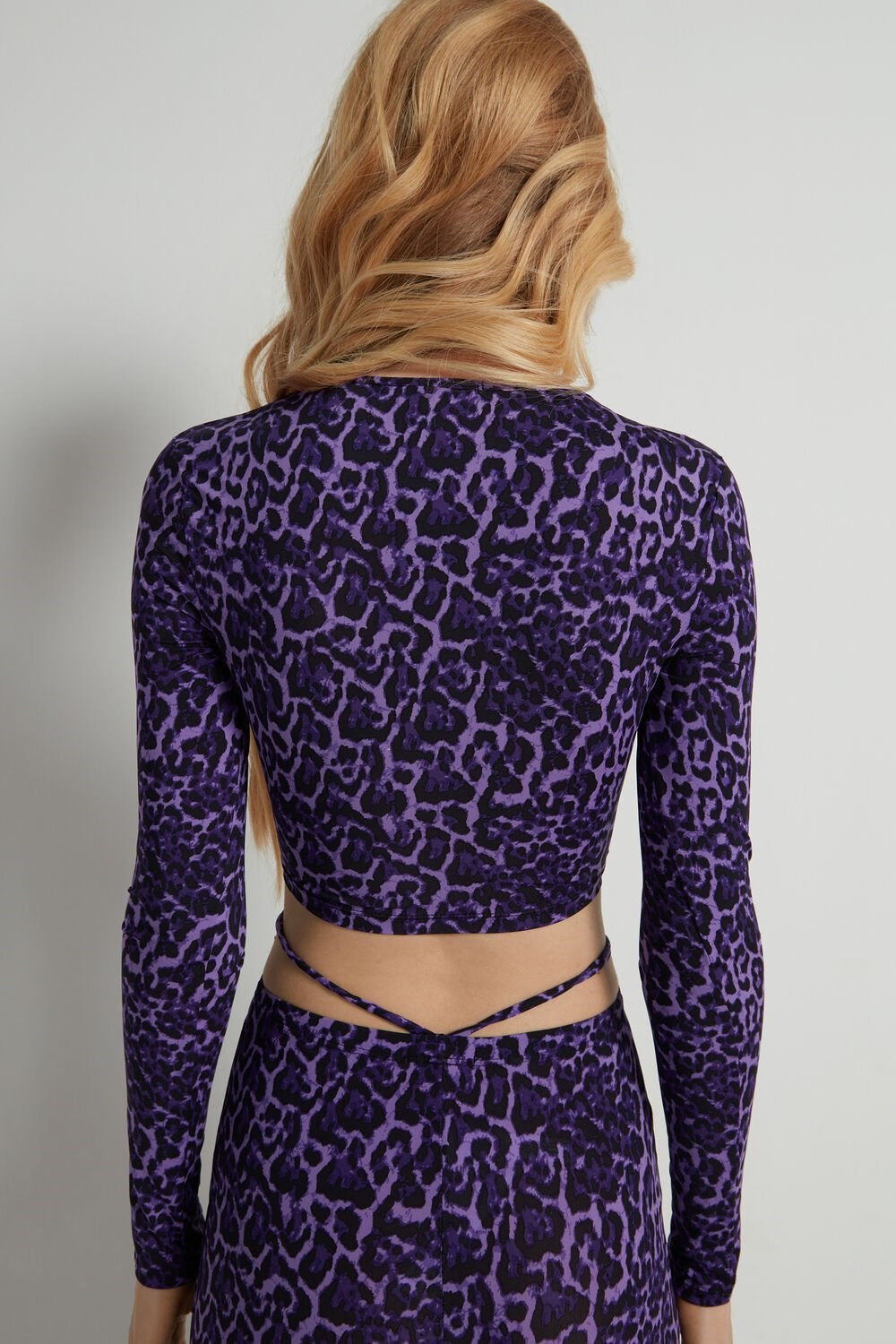 Tezenis Cropped Long-Sleeve Criss-Cross Top Violet Violet Animal Print 305v | 7012-GRFXS