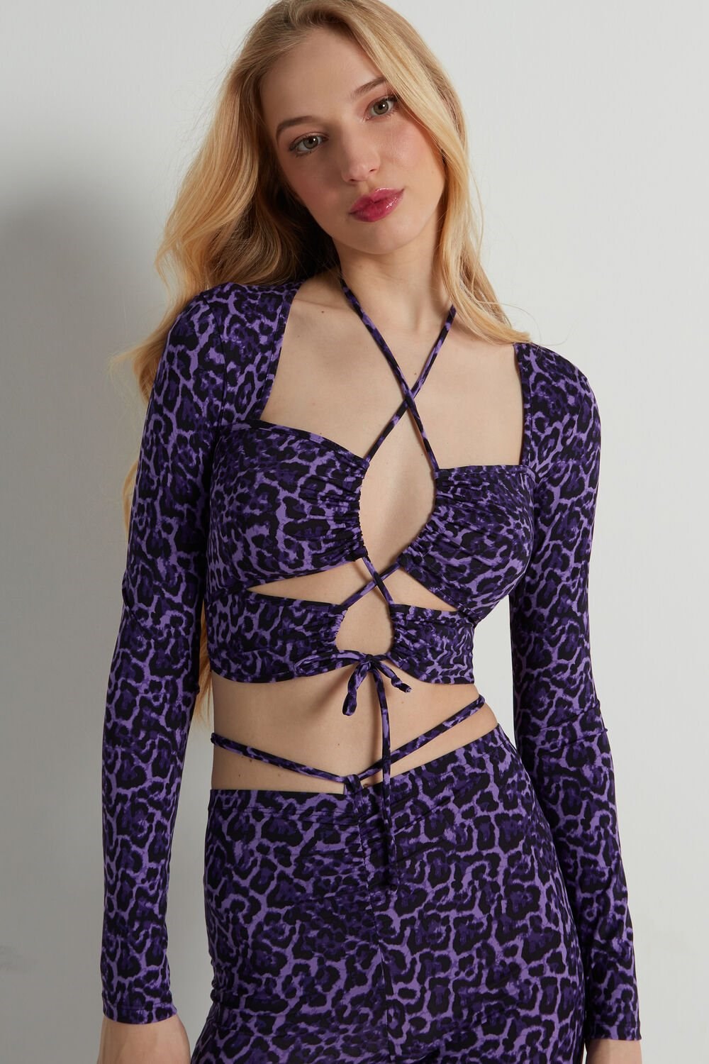 Tezenis Cropped Long-Sleeve Criss-Cross Top Violet Violet Animal Print 305v | 7012-GRFXS