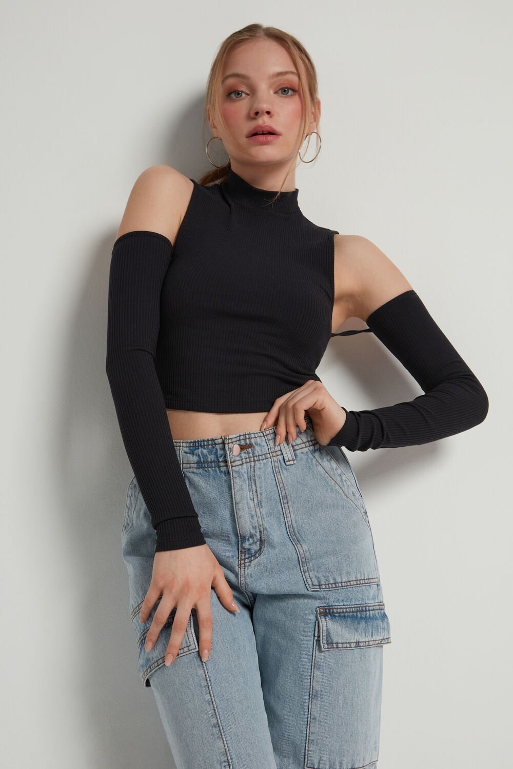 Tezenis Cropped Żebrowany Tank Top with Sleeves Czarne Czarne | 5130-OPHNT