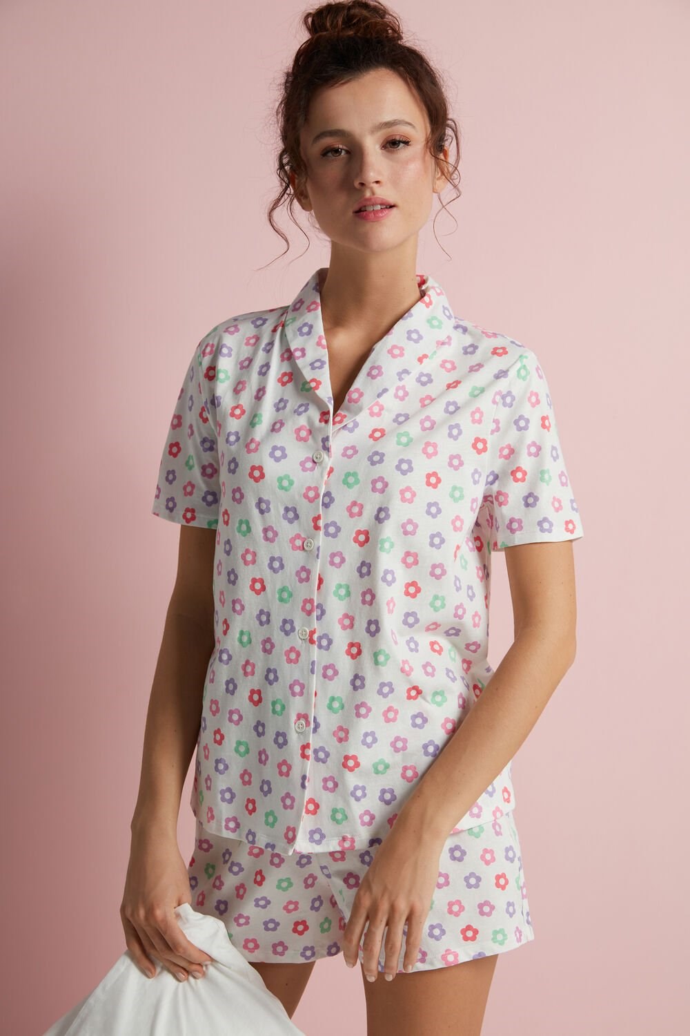 Tezenis Floral Print Button Front Bawełniane Krótkie Pajamas Białe | 8079-MESQC