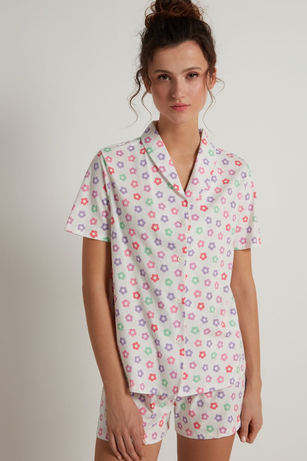 Tezenis Floral Print Button Front Bawełniane Krótkie Pajamas Białe | 8079-MESQC