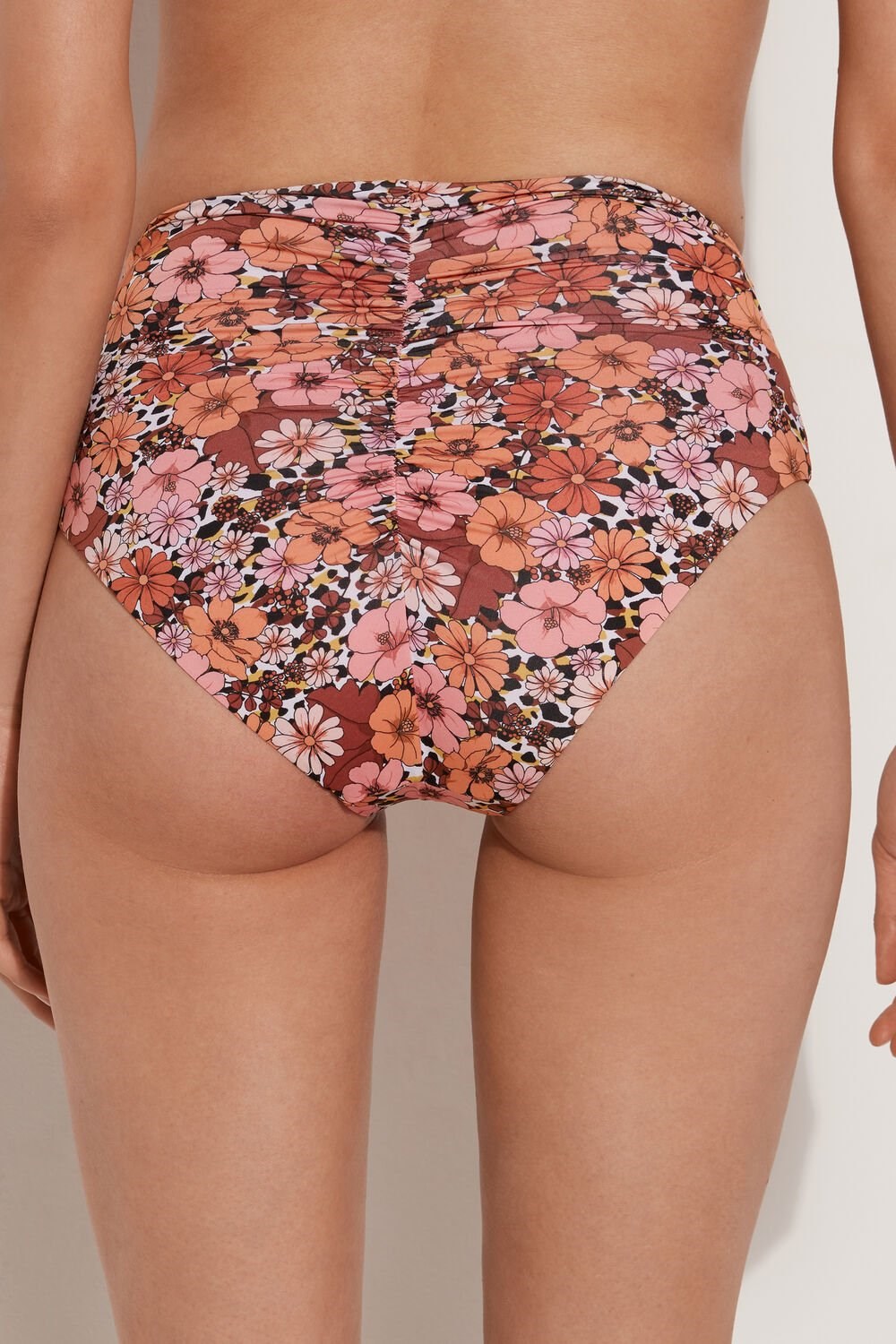 Tezenis Flower Animal Print Gathered High-Cut Bikini Bottoms Floral Floral Animal Print 581v | 7405-KPHYA