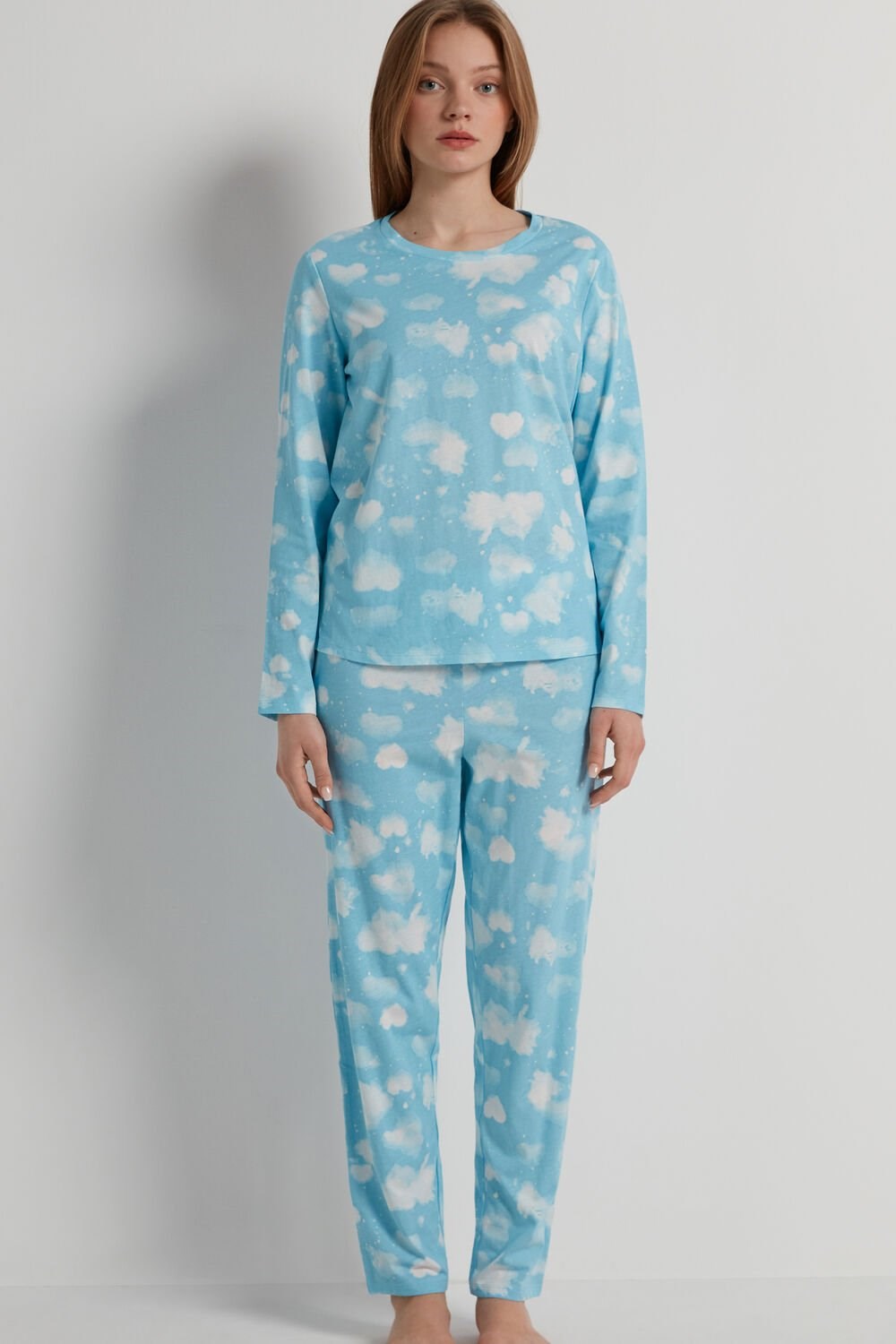 Tezenis Full Length Bawełniane Cloud Print Pajamas Niebieskie | 8907-XNRKS