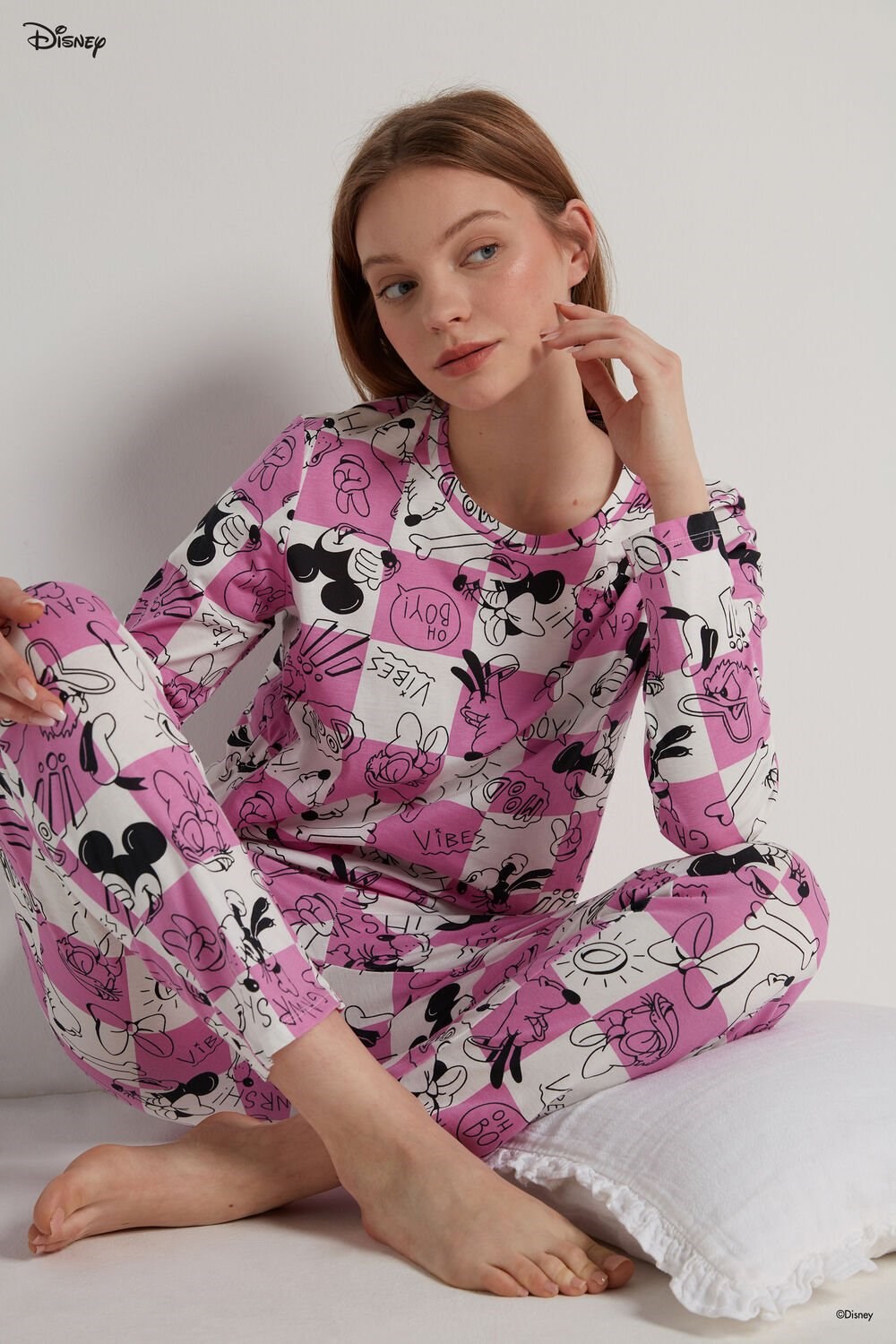 Tezenis Full Length Mickey Mouse Disney Checkered Bawełniane Pajamas Różowe Różowe | 9476-RSECJ