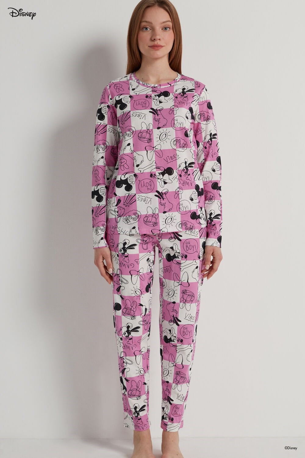 Tezenis Full Length Mickey Mouse Disney Checkered Bawełniane Pajamas Różowe Różowe | 9476-RSECJ