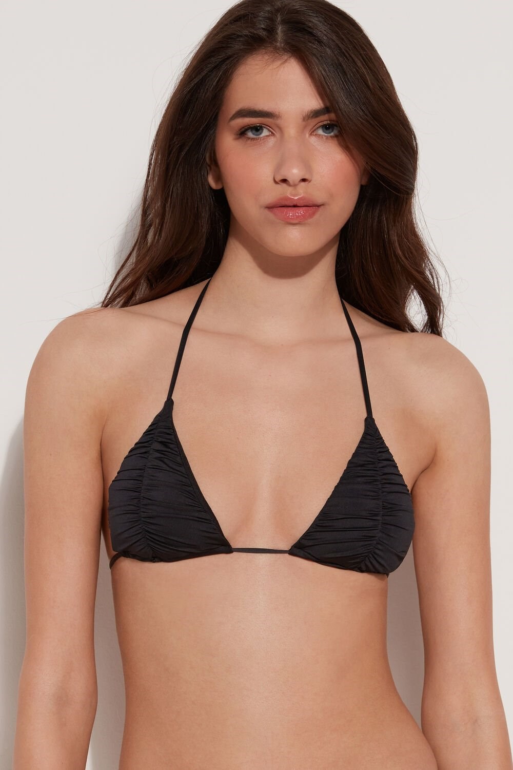 Tezenis Gathered Recycled Microfiber Triangle Bikini Top with Removable Padding Czarne Czarne | 5706-JTSEN