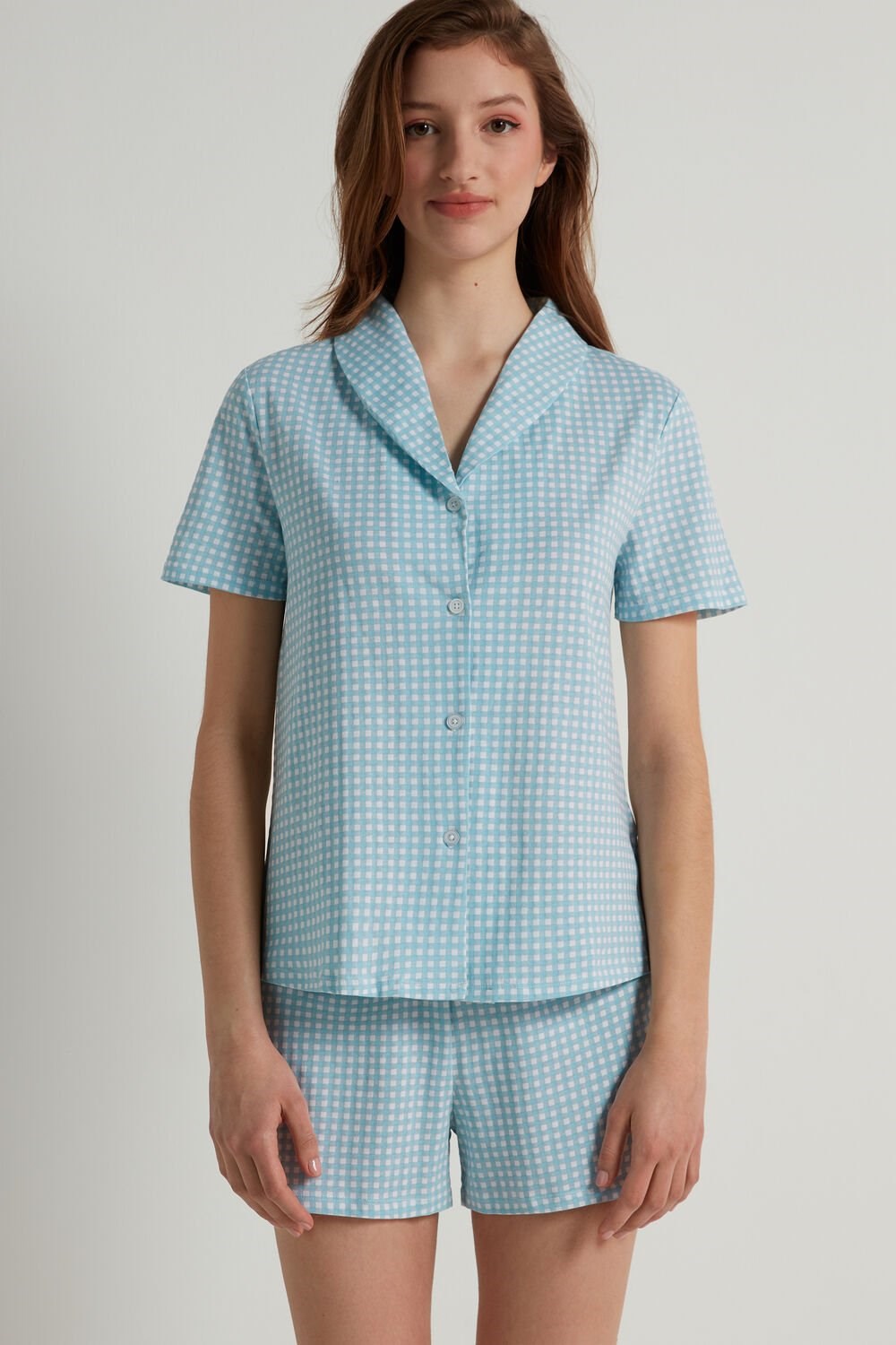 Tezenis Gingham Print Button Front Bawełniane Krótkie Pajamas Niebieskie Niebieskie | 0179-LCYUM