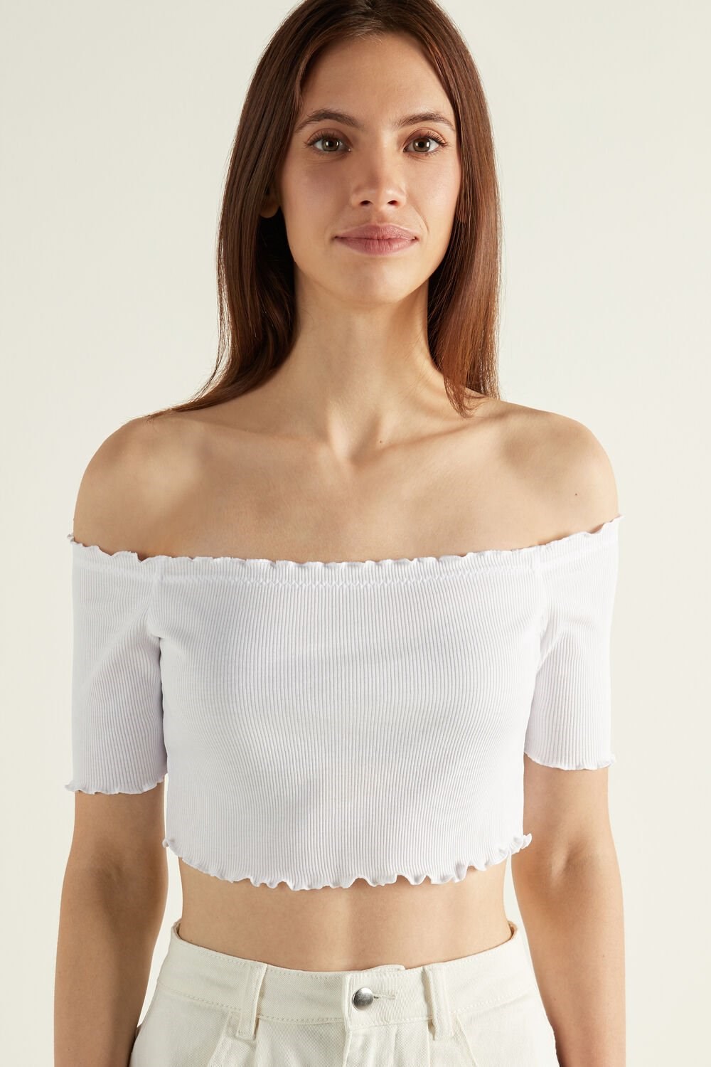 Tezenis Half Sleeve Lettuce Leaf Trim Żebrowany Crop Top Białe Białe | 3908-GUFLO