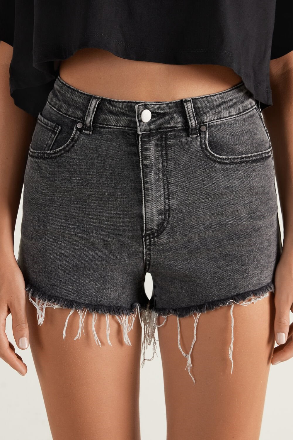 Tezenis High Rise Frayed Denim Shorts Czarne Czarne | 7560-WGCDO