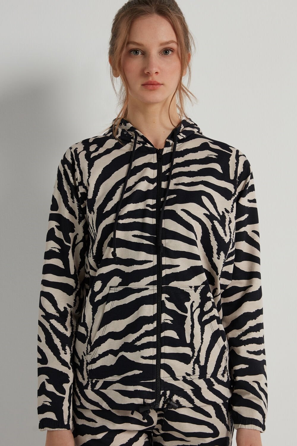 Tezenis Hoodie Sweatshirt with Zamkiem and Drawstring Animal Milk White/Black Zebra Print 306v | 2540-LKCEH