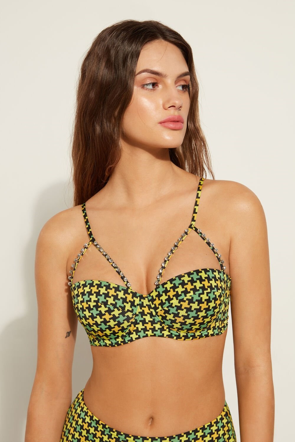 Tezenis Houndstooth Watowany Bandeau Bikini Top Czarne | 4527-QPEXM