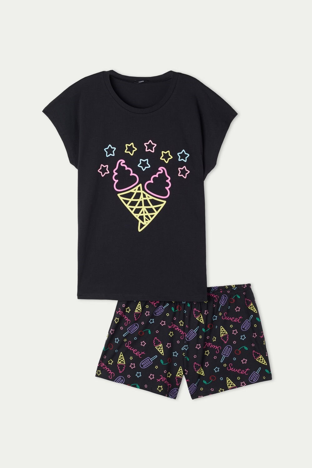 Tezenis Ice Cream Print Krótkie Bawełniane Pajamas Czarne Czarne Kremowe | 0473-JAVQS