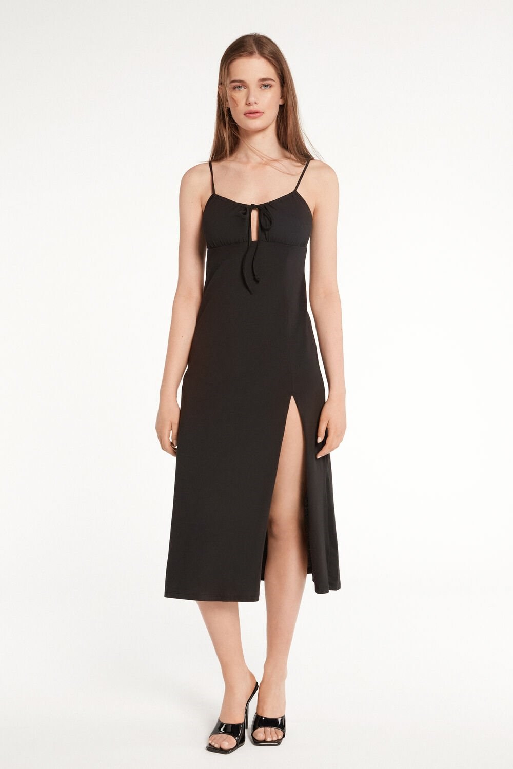 Tezenis Jersey Midi Sukienki with Slit Czarne Czarne | 2457-NUIRD