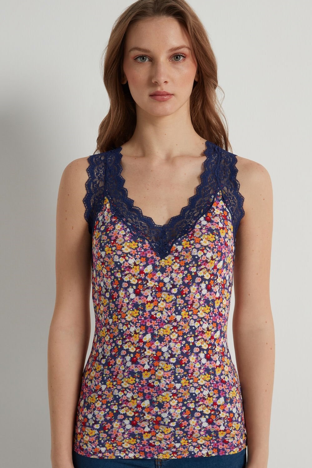 Tezenis Koronkowe Szerokie Paskiem V-Neck Printed Viscose Camisole Niebieskie Kwiaty | 7450-BGIMS