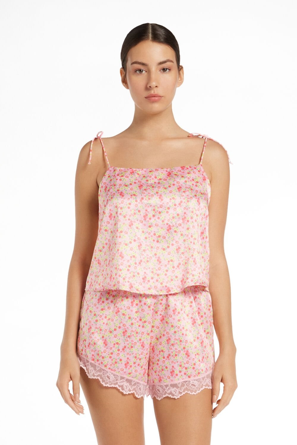 Tezenis Krótkie Satin and Koronkowe Pajamas with Thin Straps Kwiaty | 0167-DVJXC