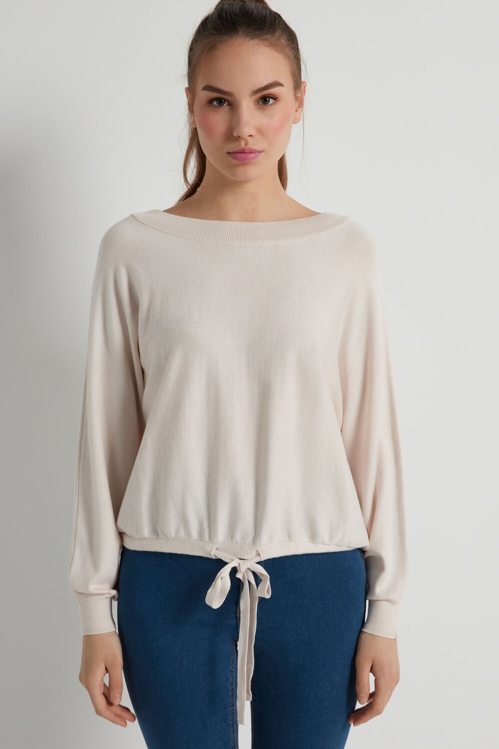 Tezenis Krótkie Sleeve Batwing Top with Drawstring Ivory Soft Natural 315v | 1689-HWELU