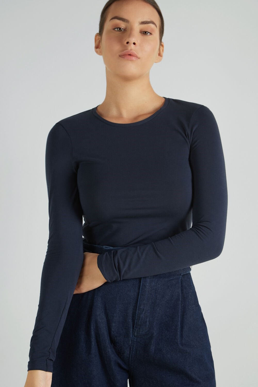 Tezenis Long-Sleeve Crew-Neck Stretch-Bawełniane Top Niebieskie Niebieskie | 3179-KPRBV