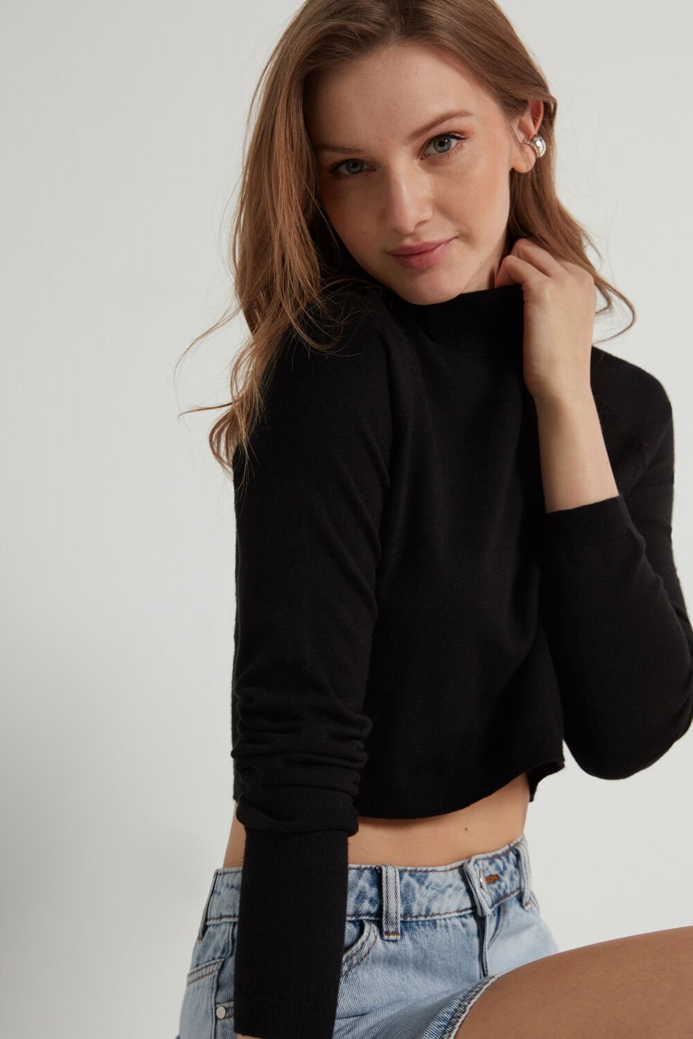 Tezenis Long-Sleeve Mock Turtleneck Crop Top Czarne Czarne | 6054-VHCBY