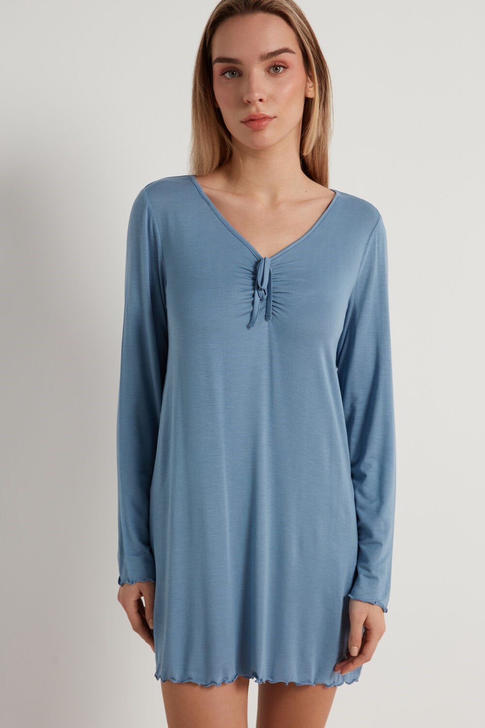 Tezenis Long-Sleeve Ruched Viscose Nightgown Niebieskie Niebieskie | 3159-CLKUY