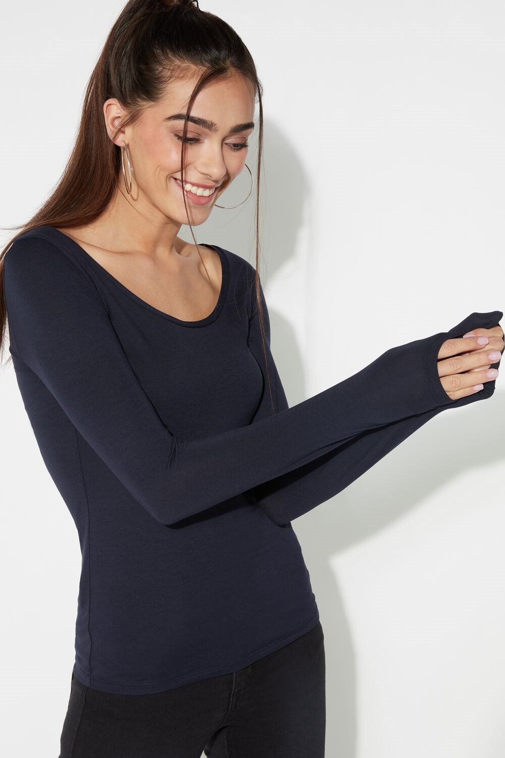 Tezenis Long-Sleeve Scoop-Neck Viscose Top Niebieskie Niebieskie | 6592-OLPRN