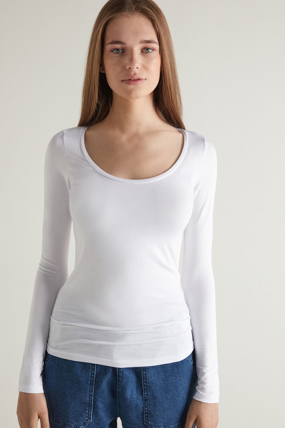 Tezenis Long-Sleeve Scoop-Neck Viscose Top Białe Białe | 9370-AZSHO