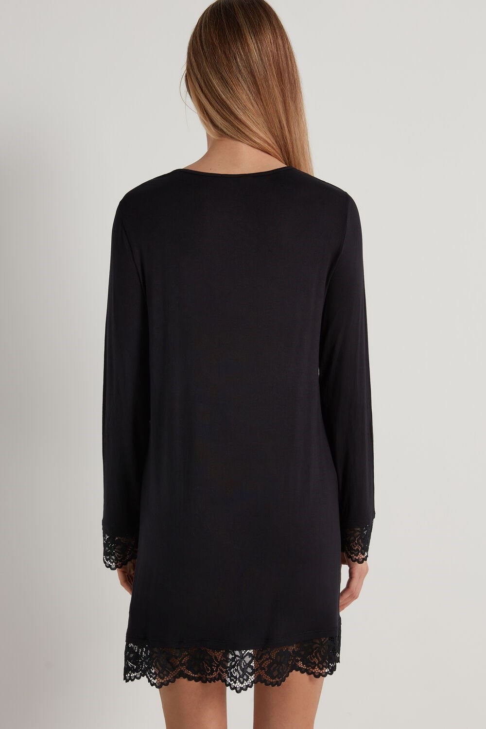 Tezenis Long-Sleeve Viscose and Koronkowe Nightgown Czarne Czarne | 1695-SRFAV