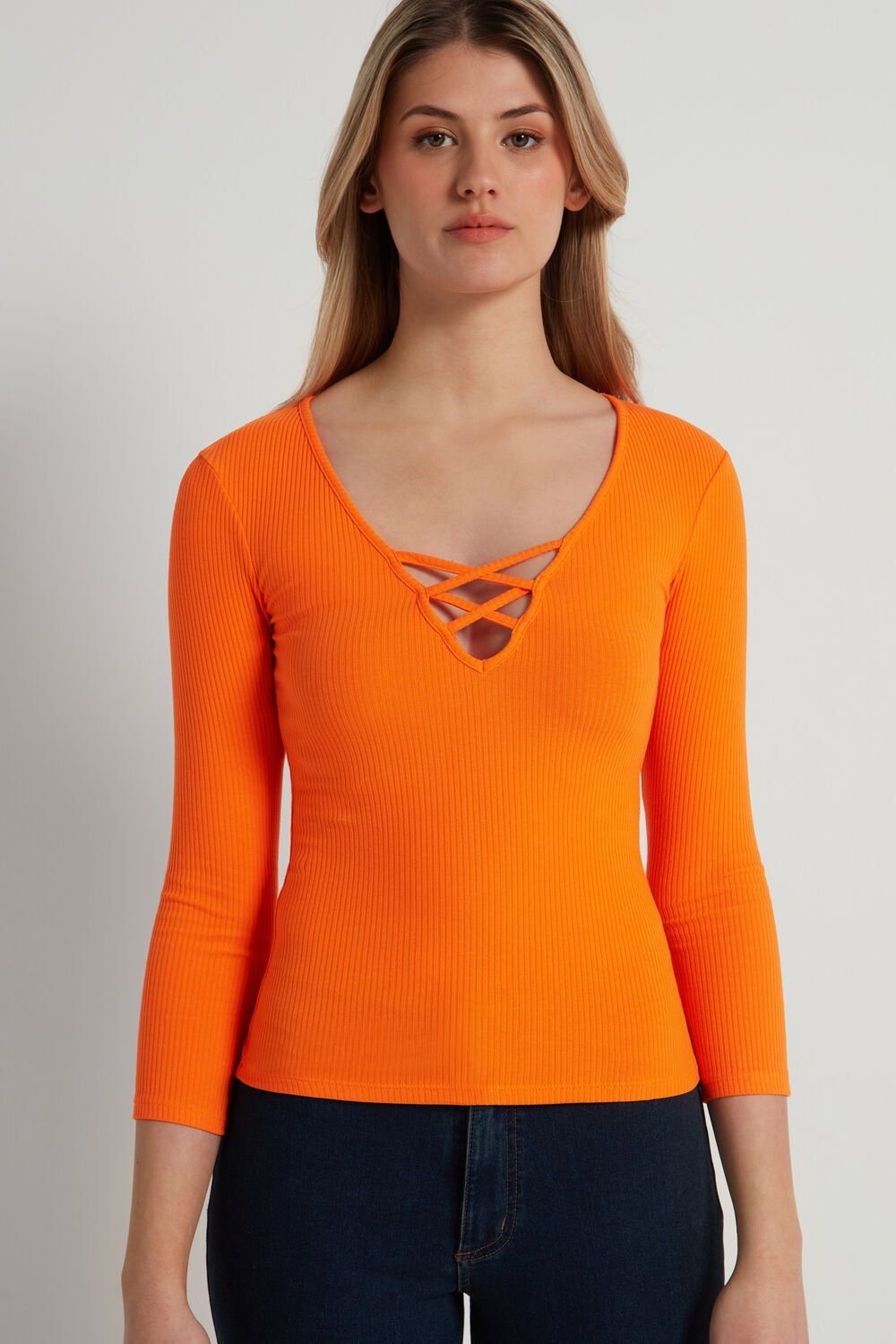 Tezenis Long-Sleeve Żebrowany V-Neck Swetry with Criss-Cross Detail Pomarańczowe | 0943-JTSIP