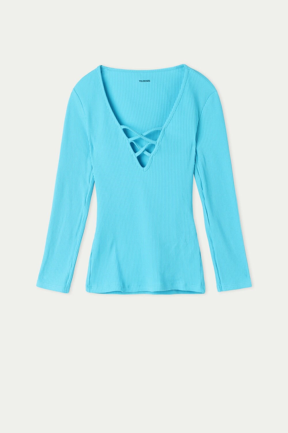 Tezenis Long-Sleeve Żebrowany V-Neck Swetry with Criss-Cross Detail Głęboka Niebieskie Niebieskie | 4290-DKXMY