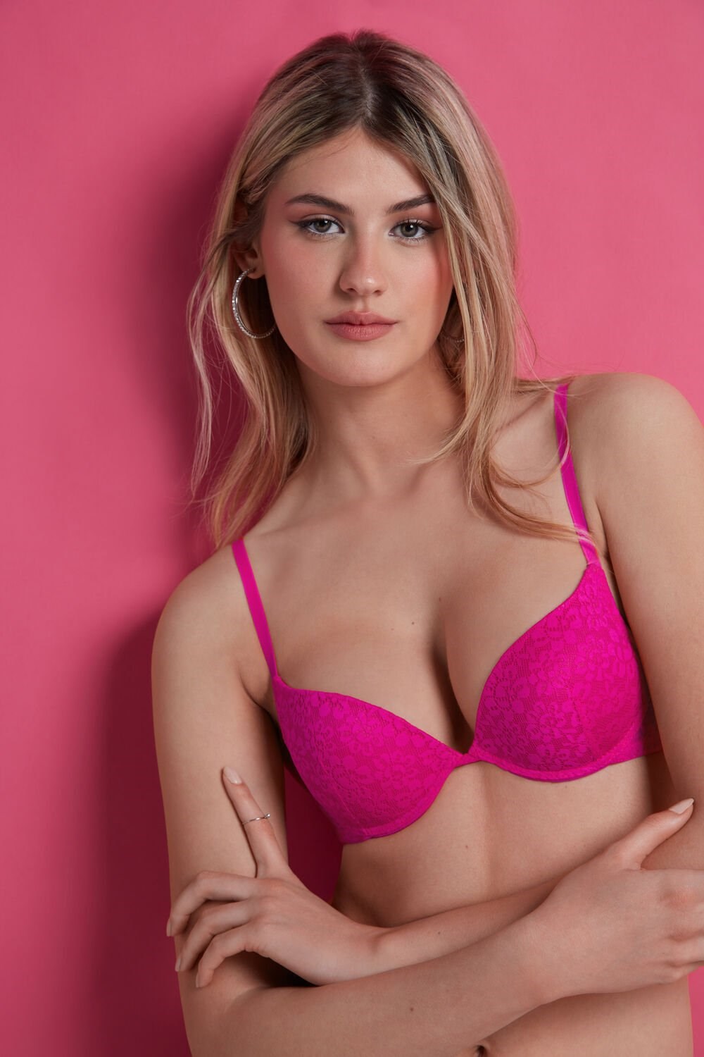 Tezenis Los Angeles Recycled Koronkowe Super Push-Up Bra Różowe Fuksja | 2567-RAUBE