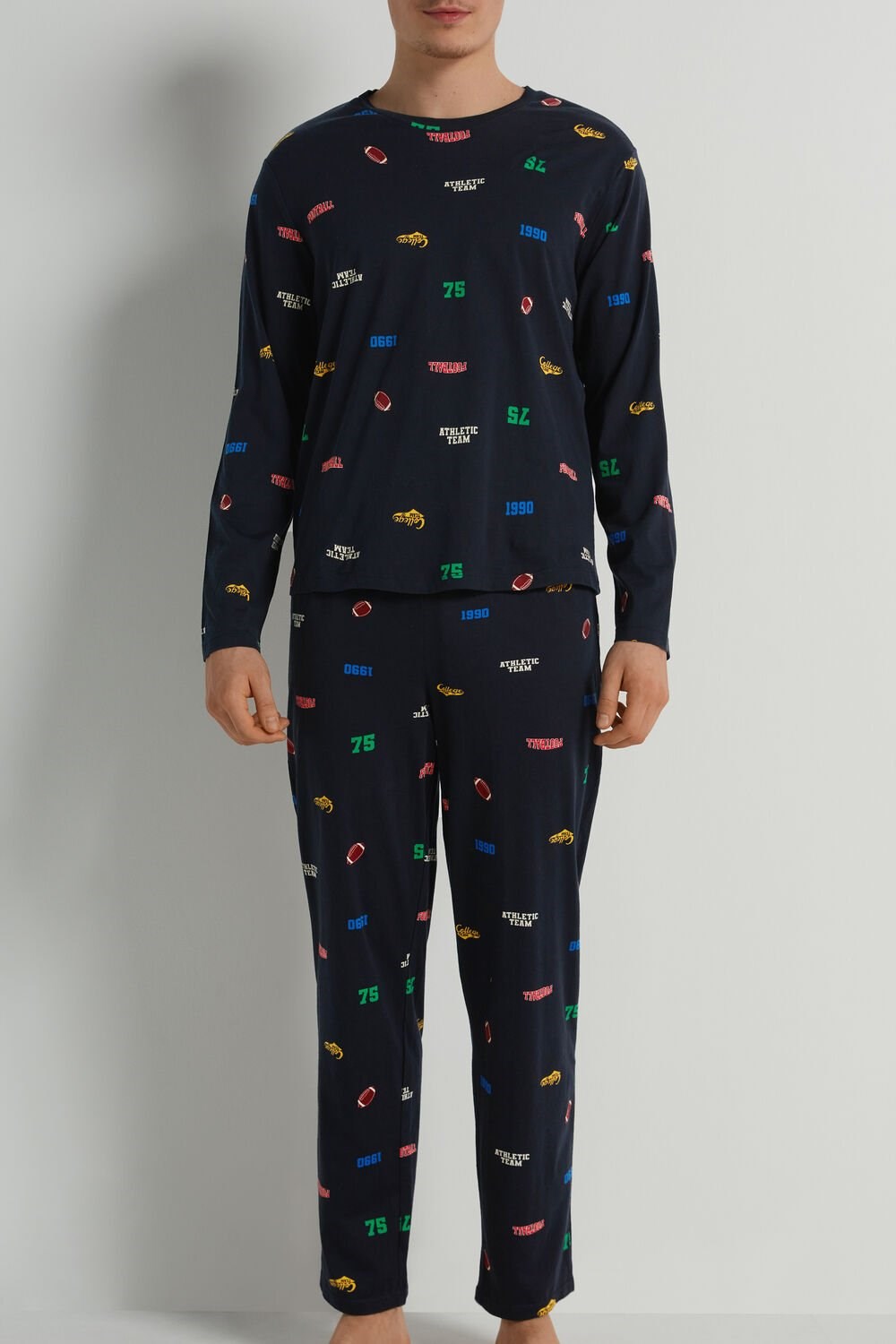 Tezenis Men’s Full-Length Bawełniane College Print Pajamas Niebieskie Ciemny Niebieskie | 6975-UYZQW