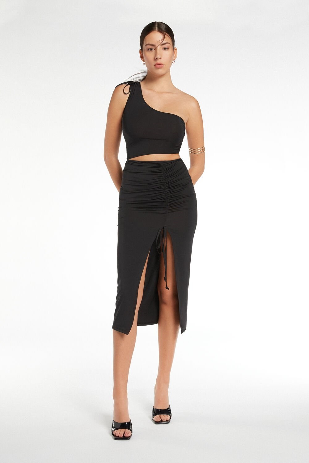 Tezenis One-Shoulder Gathered Midi Sukienki Czarne Czarne | 9325-VSZPI