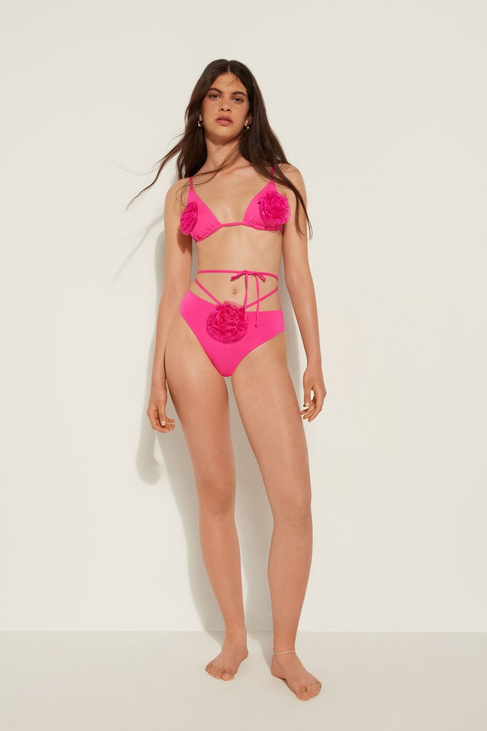 Tezenis Pink 3D Roses High-Cut Brazilian Bikini Bottoms Różowe Fuksja | 3675-NIEKT