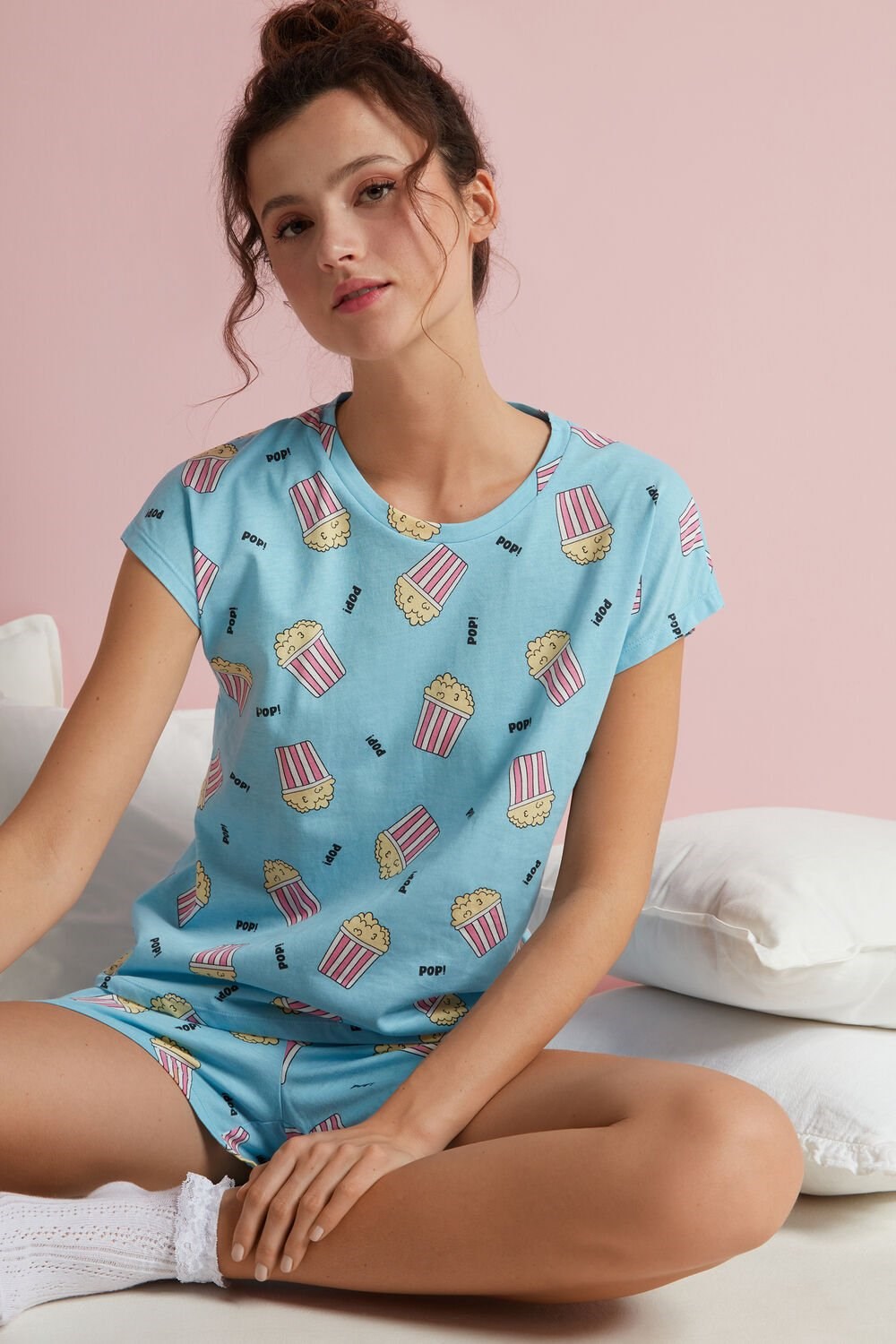 Tezenis Popcorn Print Bawełniane Krótkie Pajamas Niebieskie Niebieskie | 2597-NBGFM